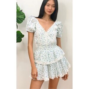 LoveShackFancy Carlos White and Blue floral Ruched Mini Sundress
